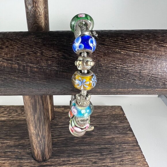 925 Sterling Silver Slide Bracelet With 10 Murano Glass Beads & 10 Sterling Silv - Picture 3 of 5